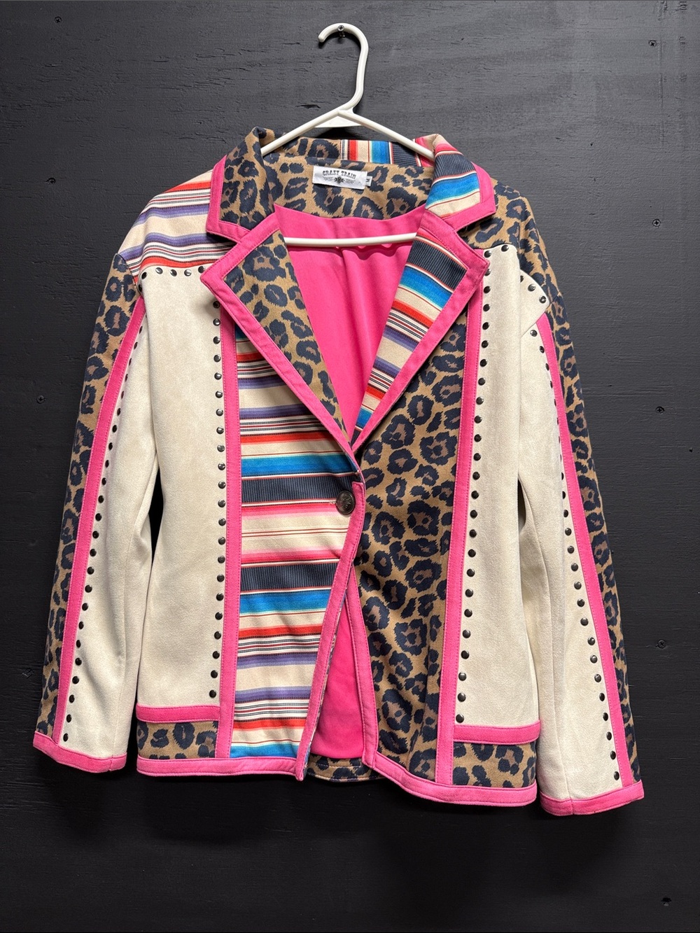 Crazy Train Leopard & Stripe Patchwork Blazer with Hot Pink Trim